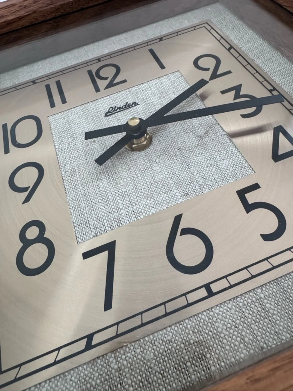 Vintage Linden square wall clock, wooden frame, Art Deco style 10”